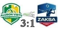 Logo z wynikiem meczu: Aluron CMC Warta Zawiercie vs.  ZAKSA Kdzierzyn-Kole 3:1