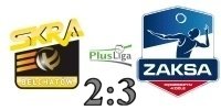 Logo z wynikiem meczu:  PGE GiEK Skra Bechatw vs. ZAKSA Kdzierzyn-Kole 2:3